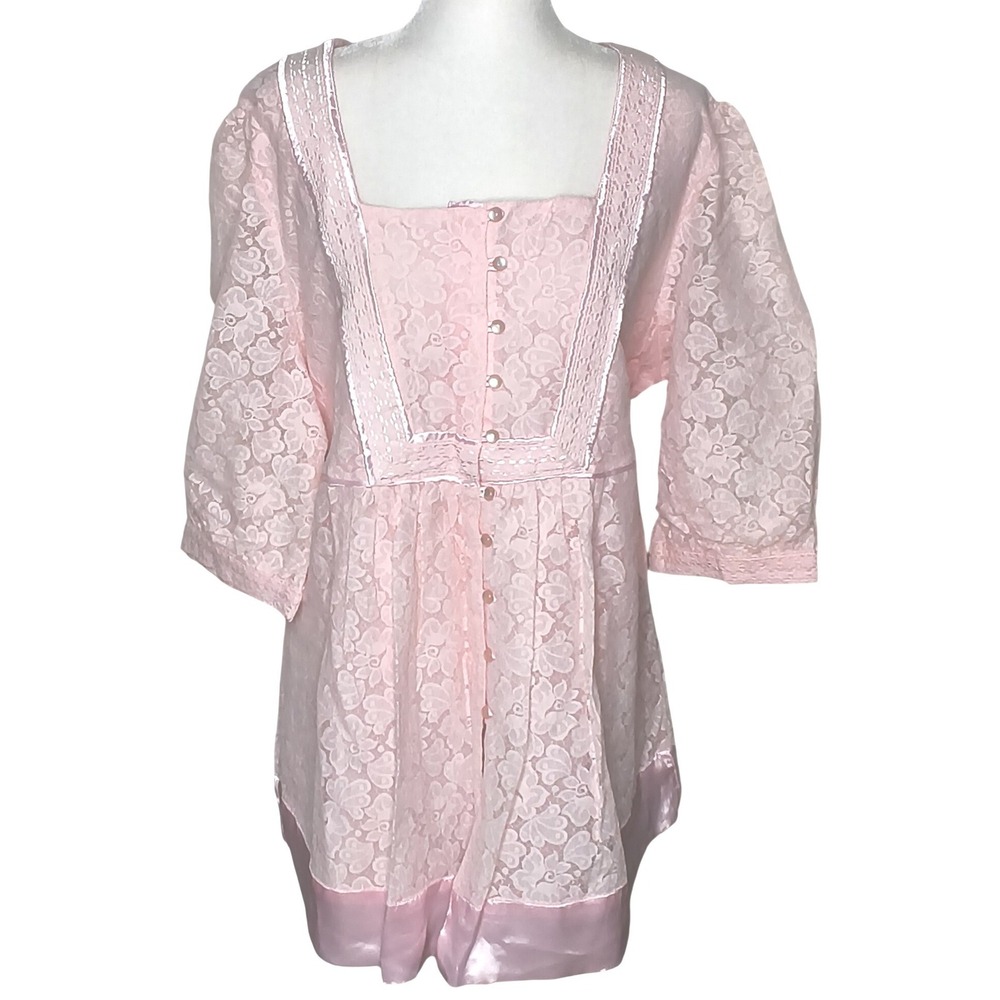 Coquette Pink Floral Lace Tunic Top Women 24W Denim 24/7 Satin Trim Button Front